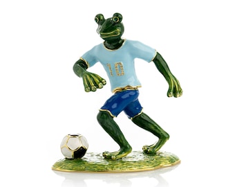 Frog Playing Football Trinket Box Handmade by Keren Kopal Enamel Painted Decorated with Austrian Crystals