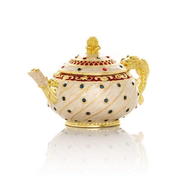 White with Colorful Dots Teapot Faberge Styled Trinket Box Handmade by Keren Kopal Enamel Painted Decorated with Swarovski Crystals