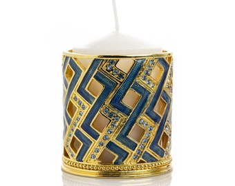 Blue Candle Holder Decorated with Austrian Crystals enamel painted house warming gift