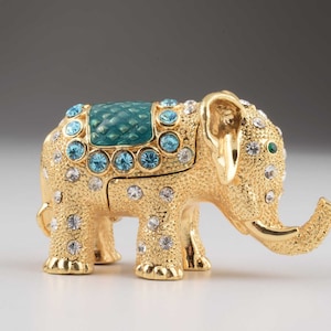 Golden Blue Elephant Faberge Styled Trinket Box Handmade Decorated with Swarovski Crystals