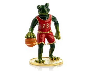 Frog Playing Basketball Trinket Box Handmade by Keren Kopal Enamel Painted Decorated with Austrian Crystals