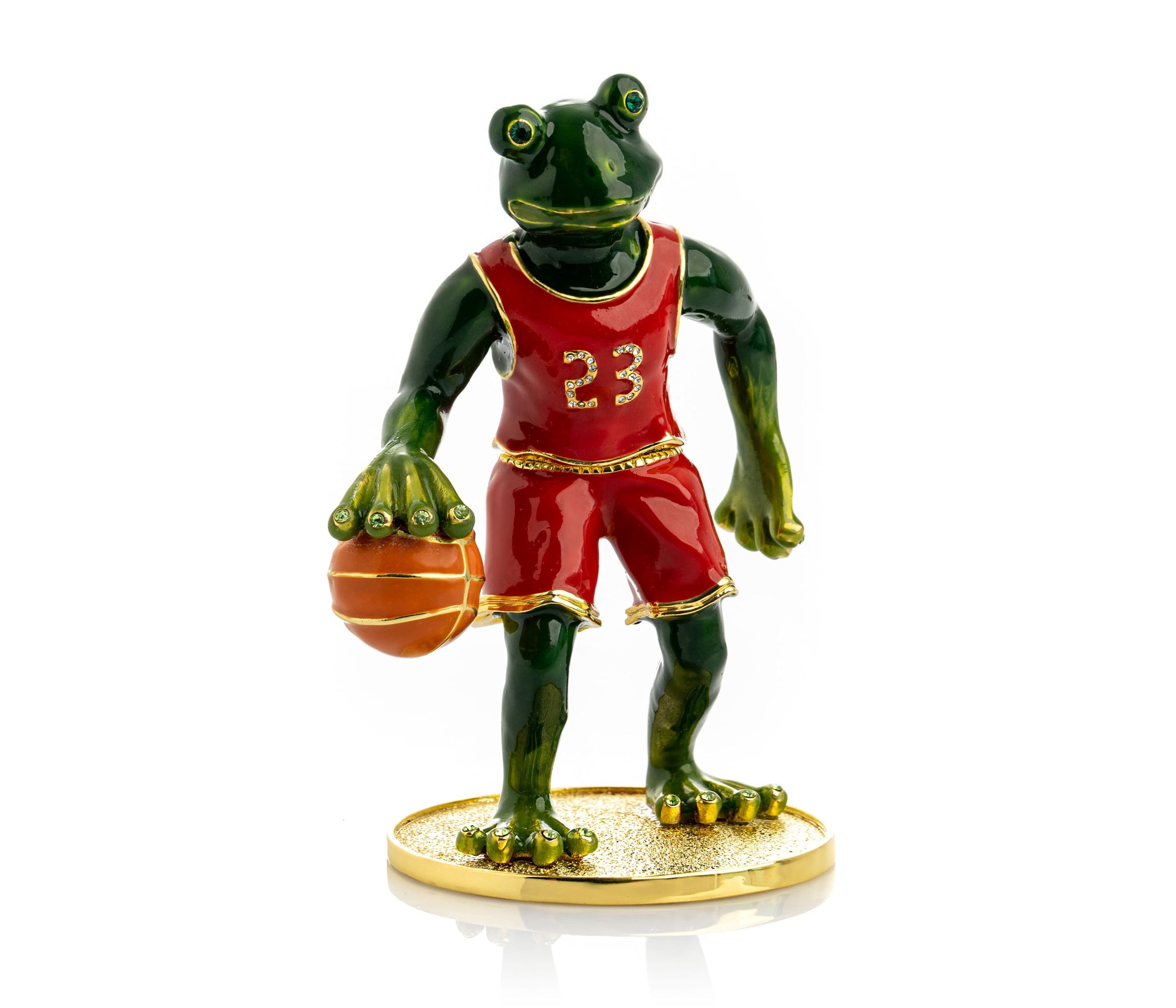 Frog Playing Basketball Trinket Box Handmade by Keren Kopal Enamel Painted Decorated with Austrian Crystals