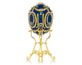 Blue Faberge Egg with Swan Inside Trinket Box Decorated with Swarovski Crystals Collectors Easter Egg Gift Idea for Her