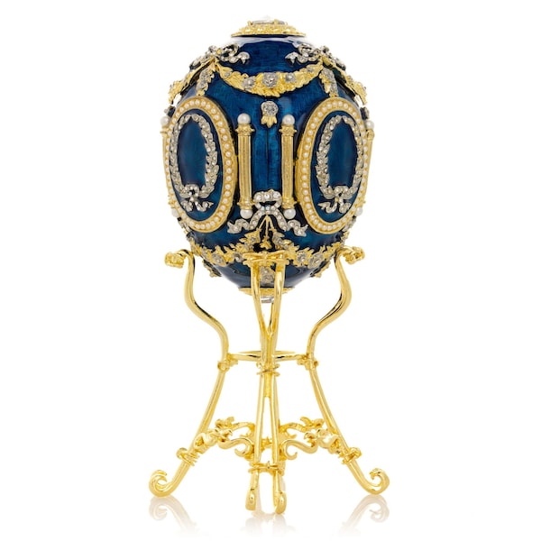 Blue Faberge Egg with Swan Inside Trinket Box Decorated with Swarovski Crystals Collectors Easter Egg Gift Idea for Her
