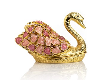 Golden Swan with Hearts Faberge Style Trinket Box Decorated with Austrian Crystals Handmade by Keren Kopal