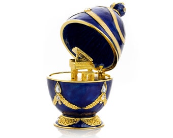 Blue Faberge Egg with Golden Piano Surprise Trinket Box Decorated with Crystals Collectors Easter Egg Pianist Gift Idea