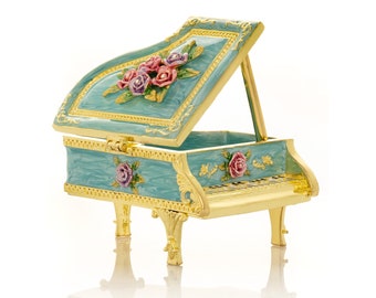 Turquoise Piano with Flowers Trinket Box by Keren Kopal Faberge Style Decorated with Crystals Music Gift Idea