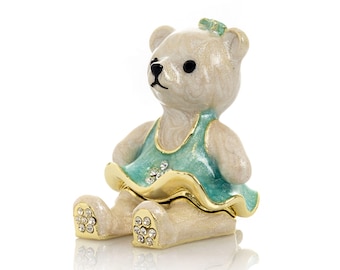 Handgeschilderde teddybeer-snuisterijdoos: turquoise jurk, kristallen accenten