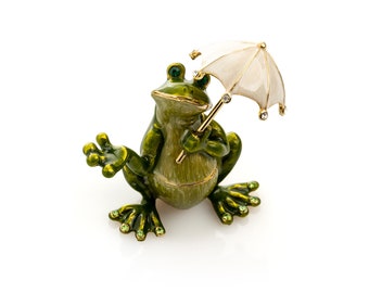 Frog with an Umbrella Trinket Box Figurine Handmade Home Office Space Decoration Birthday Gifts Idea Original Gift
