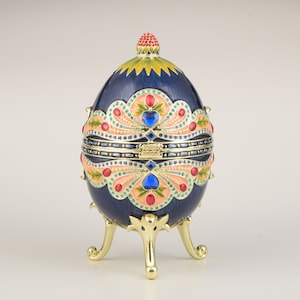 Blue Colorful Russian Egg Trinket Box Faberge Egg Decorated with Swarovski Crystals Collectors Easter Egg Gift Idea for Her Limited Edition