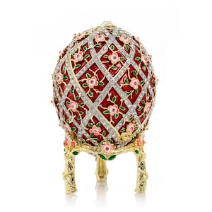 Red Roses Faberge Egg Trinket Box With a Surprise Colorful Ball Inside Handmade by Keren Kopal Decorated with Swarovski Crystals