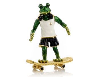 Skateboarding Frog Trinket Box Handmade by Keren Kopal Enamel Painted Decorated with Austrian Crystals