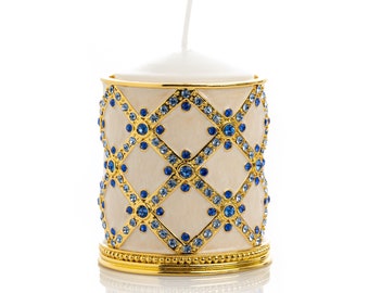 Golden Cream Candle Holder Decorated with Austrian Crystals enamel painted house warming gift