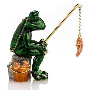 Fishing Frog trinket box Handmade by Keren Kopal Enamel Painted and Decorated with Austrian Crystals