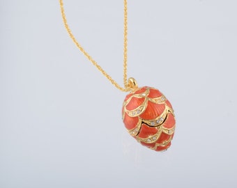 Red Egg Pendant Necklace Faberge Styled Handmade by Keren Kopal Enamel Painted Decorated with Swarovski Crystals