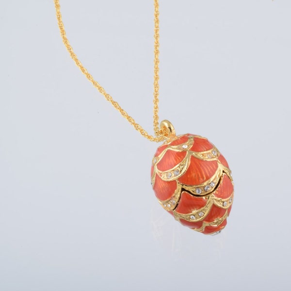 Red Egg Pendant Necklace Faberge Styled Handmade by Keren Kopal Enamel Painted Decorated with Swarovski Crystals