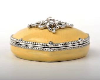 Yellow Heart Shaped Faberge Styled Trinket Box Handmade by Keren Kopal Enamel Painted Decorated with Swarovski Crystals