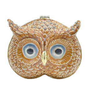 Op de afbeelding: Een bruine uilvormige sieradenbox met een gouden snavel en blauwe ogen. De doos is versierd met strass.