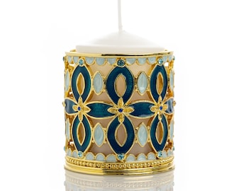 Golden Blue Candle Holder Decorated with Austrian Crystals enamel painted house warming gift