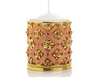 Pink Candle Holder Decorated with Austrian Crystals enamel painted house warming gift