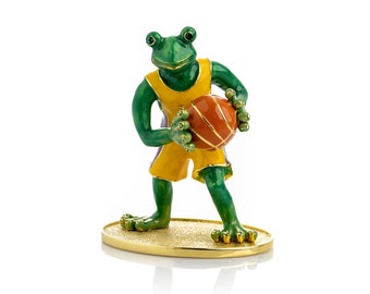 Frog Playing Basketball Trinket Box Handmade by Keren Kopal Enamel Painted Decorated with Austrian Crystals