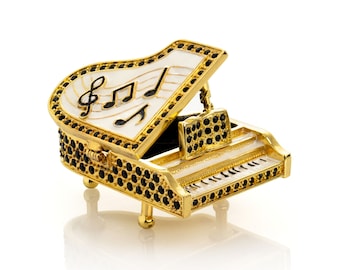 Golden White Piano with Black Crystals Trinket Box by Keren Kopal Faberge Style Decorated with Crystals Music Gift Idea