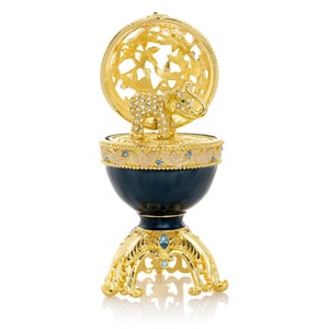 Golden Blue Faberge Egg Trinket Box with a Golden Elephant Inside Unique Artwork by Keren Kopal