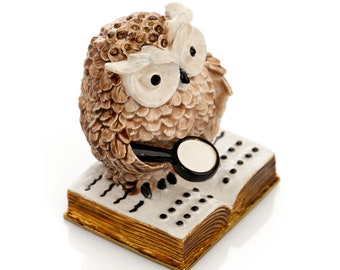 Owl Reading a Book Trinket Box Animal Figure Handmade Decorated Artwork Handmade Home Decor