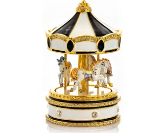 Black Wind up Musical Carousel with White Royal Horses Music Box Faberge Style for Collectors by Keren Kopal