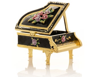 Black Piano with Flowers Trinket Box by Keren Kopal Faberge Style Decorated with Crystals Music Gift Idea