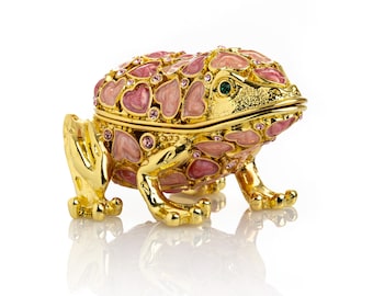 Golden Frog with Hearts Trinket Box Decorated with Crystals by Keren Kopal Enamel Painted