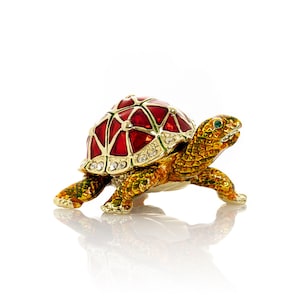 Amber & Red Curious Turtle Faberge Styled Trinket Box Handmade by Keren Kopal Enamel Painted Decorated with Swarovski Crystals