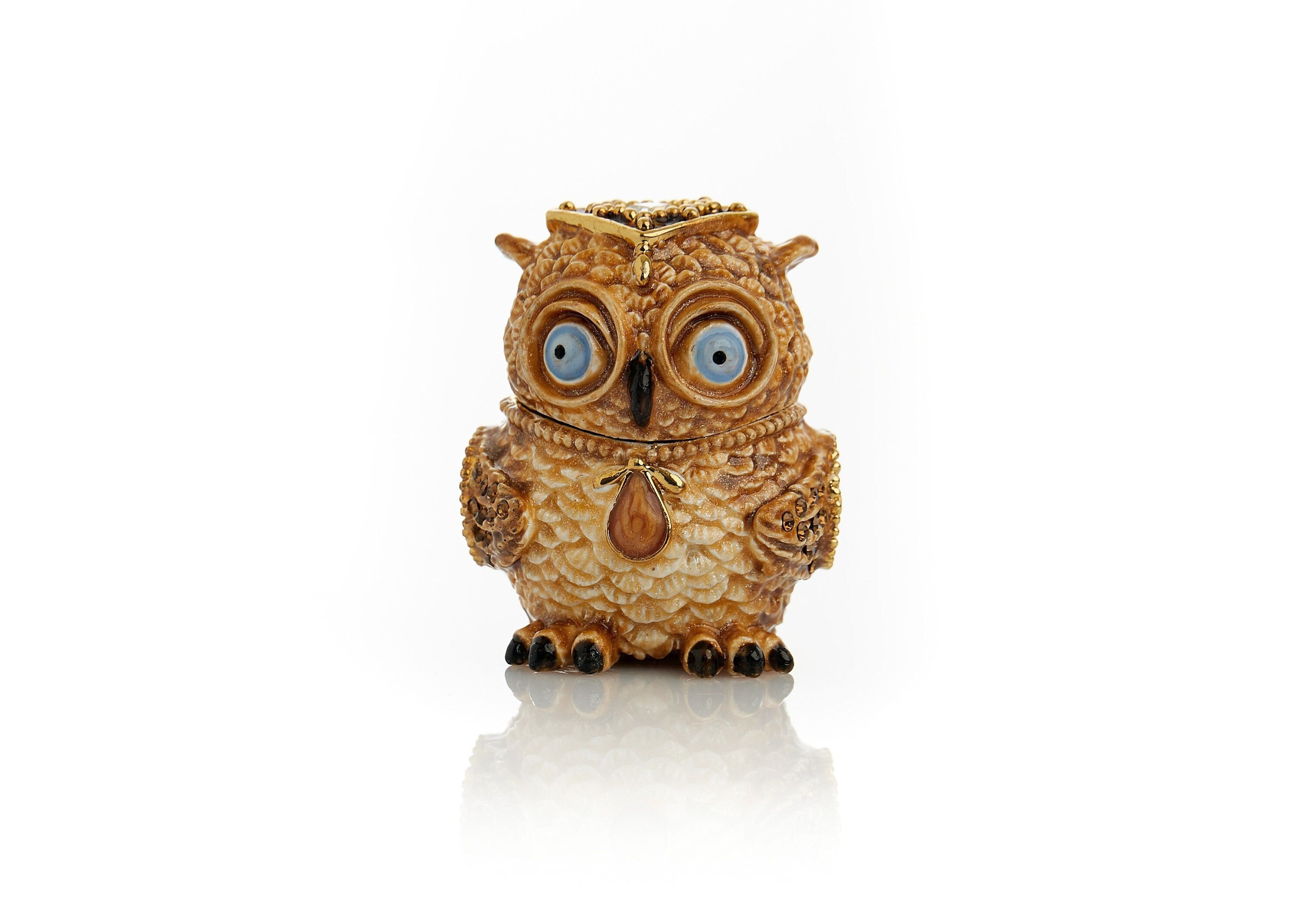 Brown Owl Faberge Styled Trinket Box Handmade Decorated with Austrian Crystals
