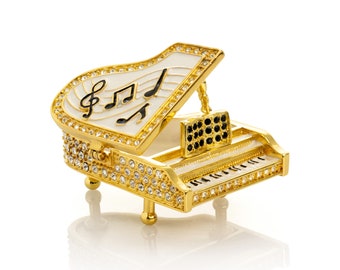 Golden White Piano Trinket Box by Keren Kopal Faberge Style Decorated with Crystals Music Gift Idea