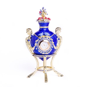Blue Decorated Faberge Egg with Clock Russian Egg Trinket Box Decorated with Swarovski Crystals Collectors Easter Egg Gift Idea for Her