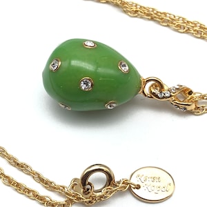 Green Egg Pendant Gold Necklace Faberge Styled Handmade by Keren Kopal Enamel Painted Decorated with Swarovski Crystals