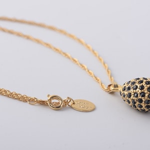 Gold Faberge Pendant Necklace Handmade by Keren Kopal Enamel Painted Decorated with Black Swarovski Crystals