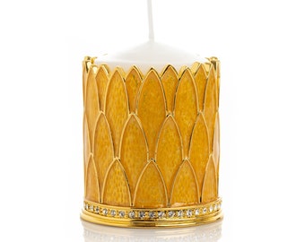 Yellow Candle Holder Decorated with Austrian Crystals enamel painted house warming gift