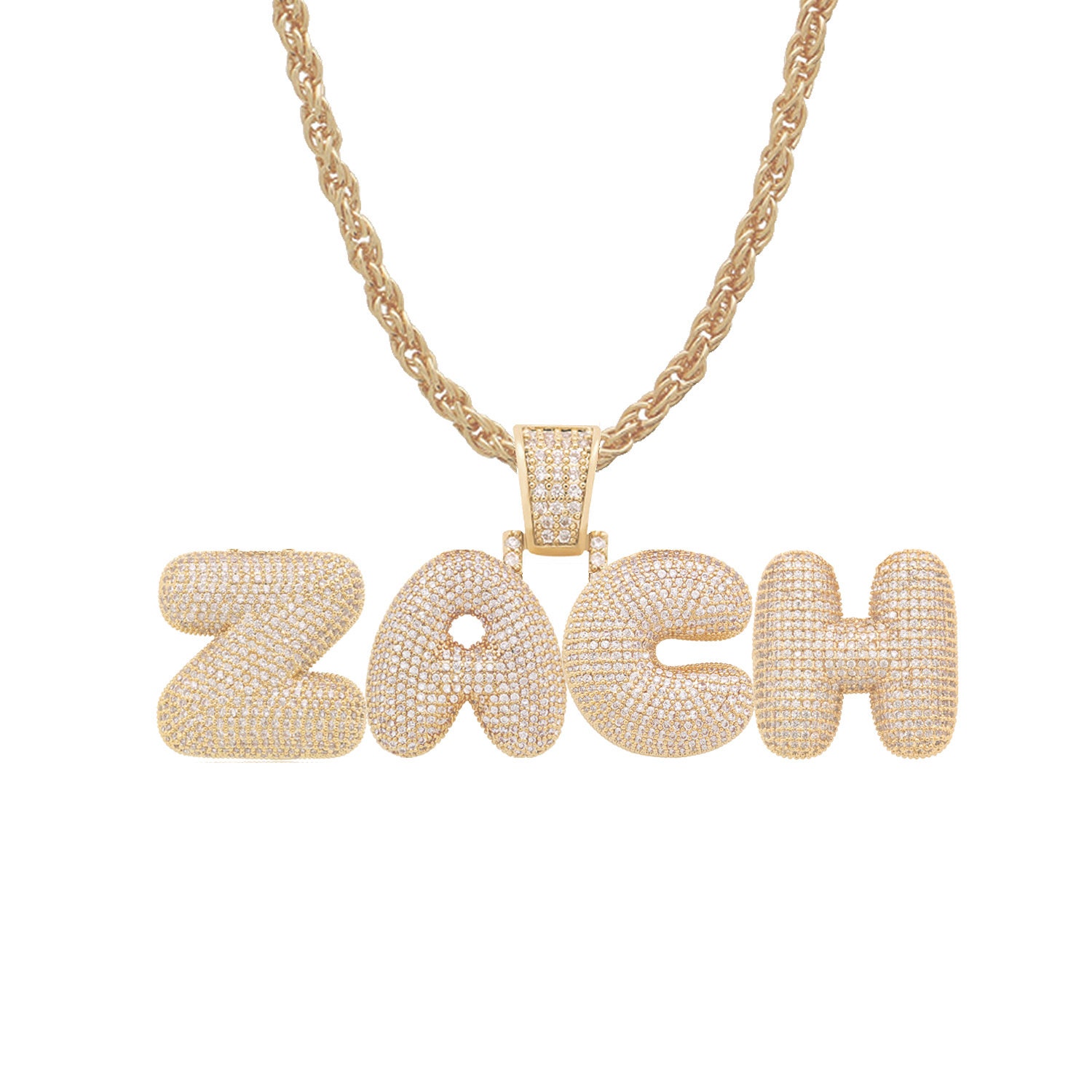 Name Bubble Letter Necklace for Zach Name Crystal Necklace Etsy