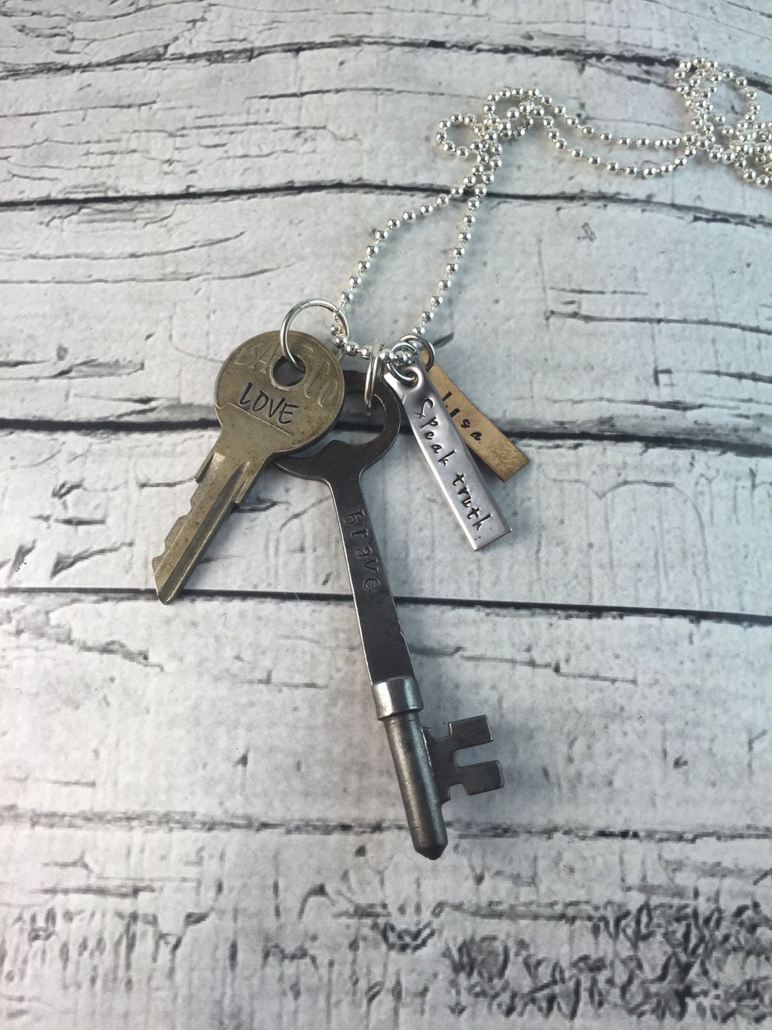 Personalized hand stamped antique key necklace with tags Etsy