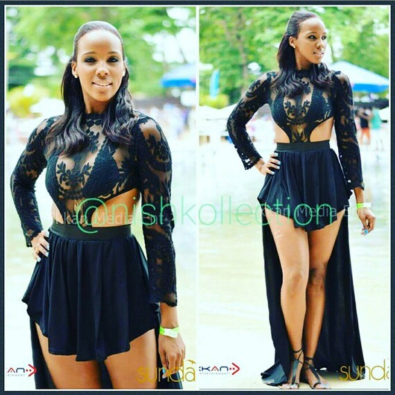 Custom Prom Black Mahagony Sheer Lace Embroidery Long Sleeve Dress