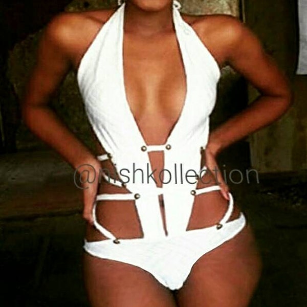 Nish white string full monokini with studs/ Swimsuit/ swimwear/ fully lined.