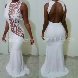 Prom Custom white lace sequin embroidery long mermaid sleeveless open back formal dress