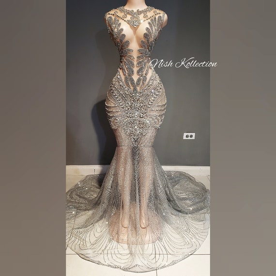 Naijah Mermaid Gown Silver Rhinestone ...