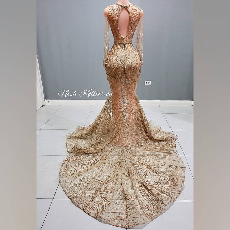 ELLOCIN GOWN Custom Sequin Prom Mermaid Gold Gown/dress Wedding