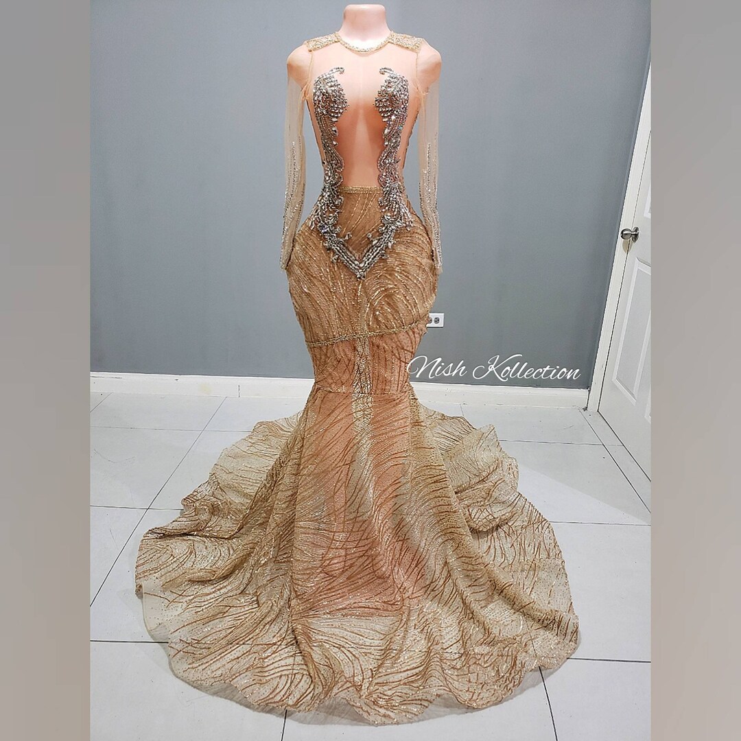 ELLOCIN GOWN Custom Sequin Prom Mermaid Gold Gown/dress Wedding
