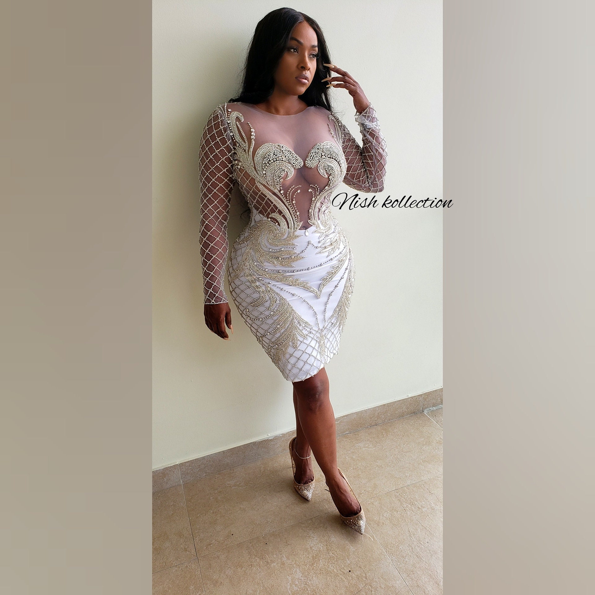 NishKollection Custom Aphrodite Phoenix Mini Rhinestone Shimmer Long Sleeve Dress with Open Back.