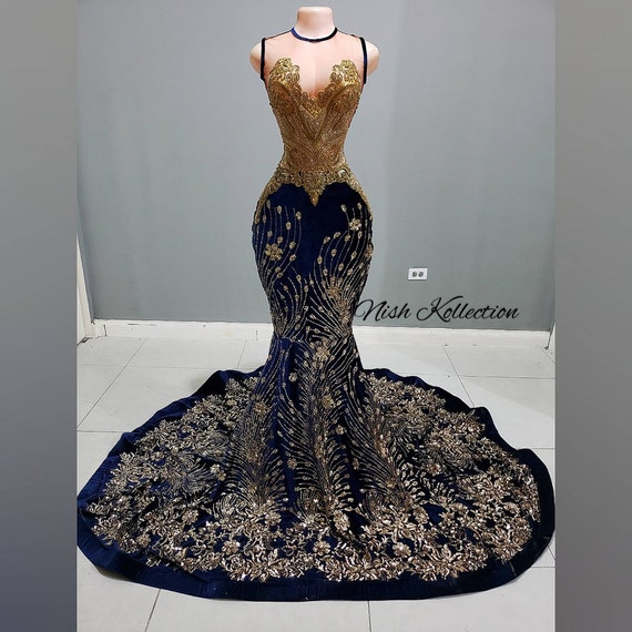FANTASY BLIST GOWN Custom Sequin Prom Mermaid Blue and Gold - Etsy