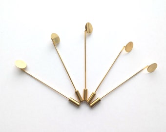50 sets van Lapel pins Hardware, 10 mm platte lijm Pad, 65mm Pin lengte, komt met Pet, goud kleur