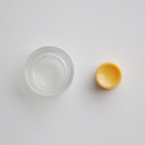 May include: A clear plastic container with a lid and a small, round, yellow button.